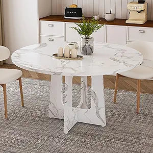Round Modern Dining Room Table for 6, 47" MDF Circle Kitchen Table with Marble White Finish, Faux Marble Kitchen and Dining Table for Dining Room, Kitchen, Living Room, White