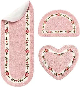 Drydiet 3 Pcs Rose Flowers Coquette Bathroom Rugs Set Rose Flower Area Rugs Non Slip Absorbent Washable Door Mat Floral Bathroom Carpet Coquette Decoration for Home Hotel, 3 Shapes(Pink)