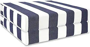 Hofdeco Premium Coastal Hampton Patio Outdoor Seat Cushion Cover Only Set of 2, 20"x20"x4" Water Repellent, UV and Fade Resistant for Backyard, Couch, Poolside, Indigo Blue Woven Beach Stripes