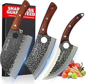 SliceElite Hand-Forged Professional Butcher Knife (3 PC BUTCHER KNIFE SET W/SANDLEWOOD HANDLES)
