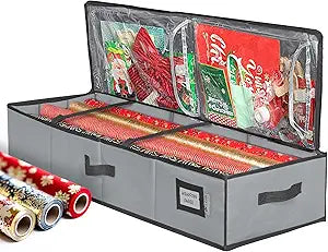 HOLDN STORAGE Premium Wrapping Paper Storage Container - Durable 600D Tear-Proof, Fits 27 Rolls Gift Wrap, Extra Pockets for Ribbons & Bows, Underbed Storage - Ideal for Holiday Christmas, Gray