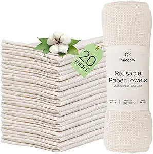 mioeco 20 Pack Reusable Kitchen Paper Towels Washable - Super Absorbent Natural unPaper Towels - Natural Cotton - Reusable, Paperless Kitchen Dish Cloths - 100% Organic