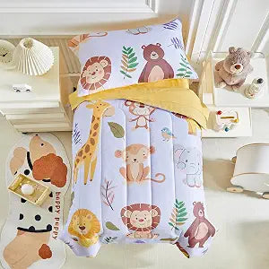Joyreap 4 Piece Toddler Bedding Set- Cartoon Zoo Theme Animals Purple Design, Microfiber Toddler Bedding Comforter Set for Kids Boys Girls