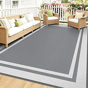 Mattitude Outdoor Rug Reversible Portable Plastic Straw Camping Rugs for Outside RV,Large Waterproof Outdoor Area Rugs for Patio,Deck,Porch,Balcony(8'x 10',White&Gray)