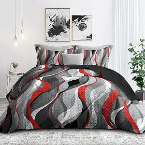weesire 3 Piece Black Red Twin Size Quilt Striped Reversible Bedding Set