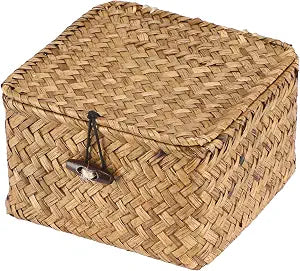 Hipiwe Wicker Shelf Basket Bin with Lid X-small Square Seagrass Storage Box