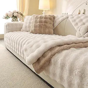 Soft Plush Faux Fur Couch Cover, Thick Warm Fuzzy Sectional Sofa Covers for 3 Cushion Couch Sofa L Sharped Sofa Non Slip Slipcover, Furniture Protector Covers for Pets(1 PCS 36"x82" White)