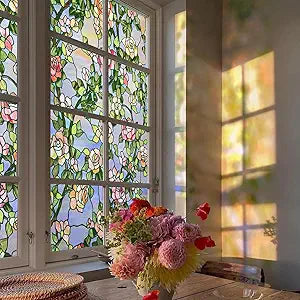 3D Stained Glass Window Film, Decorative Window Privacy Film for Bathroom, Front Door, Home, Sun Blocking Heat Control, Static Cling, Beast Rose 35.4inch x 78.7inch