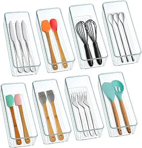 Hudgan 8 Pack Clear Plastic Drawer Organizer Bins Set, Stackable Cutlery Storage Bins Trays for Organizing Kitchen, Bathroom, Office, Crafts, Gadgets, Cabinet Supplies