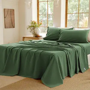 BISELINA 100% Washed Cotton Sheet Set Full Size 4 Pieces Soft Breathable Durable Chic Bedding Set for All Season - Olive Green, Full