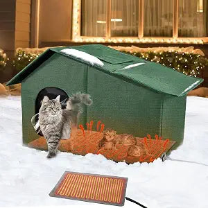 Outdoor Heated Cat House in Winter, Insulated Heated Outdoor Kitty House with Heating Pad, Winter Warm Shelter for Kittens Rabbits Squirrels (Green, 21"13.6"15.4")