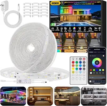 50Ft Outdoor RGBWW+IC LED Strip Lights with Remote & APP,IP67 Waterproof