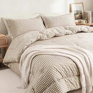 Queen Comforter Set, Modern Plaid Checkered Bedding, Tan Gingham Brown Grid Bed Comforter, Soft Fluffy Breathable Farmhouse Dorm Bedding, All Seasons 3 Piece Set