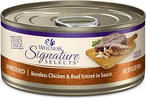 Wellness CORE Signature Selects Shredded Adult Canned Wet Cat Food, Natural, Protein Rich, Grain Free, Chicken and Beef Entre Recipe, 5.3 oz, Pack of 12 Cans