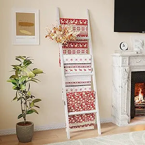 Bamboo Towel Rack 6-Tier Blanket Ladder for Living Room, Bedroom, Bathroom Space-Saving Decorative Ladder for Quilts, Towels and More White