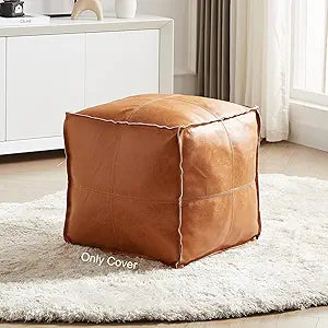 Louis Donn Pouf Ottoman, Unstuffed Pouf Cover, Handmade Faux PU Leather Moroccan, Orange Brown 17.7" Square, Foot Rest for Living Room, Floor Chair Gifts for Men Women, (Only Cover)