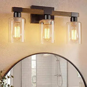 VOLISUN Farmhouse Bathroom Light Fixtures, 3 Light Bathroom Vanity Lights Over Mirror, Rustic Vanity Light for Bathrooms,Wood Bathrooms Lights Fixtures Over Mirror-UL Certificated