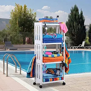 Gerrii Outdoor Pool Towel Rack with Wheels Plastic Free Standing Poolside Towel Rack Large Capacity 4 Tier Multi-function Storage Organizer for Pool Area Outside Bathroom Spa Hot Tub Accessory Storage
