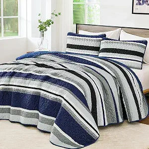 WONGS BEDDING Queen Striped Quilt Set, Navy Blue Lightweight Bedspread