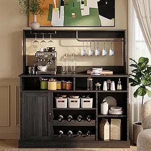 47" Farmhouse Coffee Bar Cabinet with Charging Station, Wine Bar Cabinet with Sliding Barn Door, Buffet Sideboard Cabinet with Wine Rack for Kitchen, Dining Room and Living Room, Grey