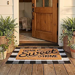 Home Sweet Home Doormat Set, 2-Piece Layered Front Porch Mat Combo, Natural Coir Welcome Mat with Black and White Buffalo Plaid Rug, Farmhouse Outdoor Entryway Decor for Porch, Patio, Home