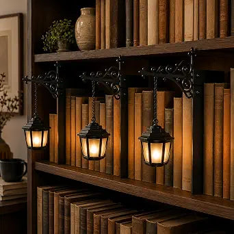 Library Lantern Mini Bookshelf Light, Decorative Book Nook Lamp that Slides Between Books, Warm Amber LED Bookcase Lighting, Battery Powered Book Lover Gift(Classic Lantern-3pcs)