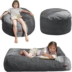 MAXYOYO Bean Bag Chair Bed for Kids, Convertible Bean Bag Folds from Lazy Chair to Floor Bed, Machine Washable Corded Fabric, Stuffed Floor Sofa Couch for Boys and Girls, Dark Grey