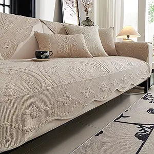 vctops Cotton Quilted Couch Cover Farmhouse Counrty Floral Embroidered Sofa Cover Non Slip Soft Scalloped Sofa Slipcover Washable Furniture Protector for Dog Pet Cat (Khaki,36"x82")