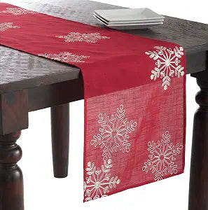 SARO LIFESTYLE Embroidered Snowflake Christmas Table Runner - Holiday Table Decor for Dining and Seasonal Entertaining, Red, 16"x70"