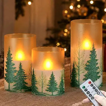 Christmas Green Tree Glass LED Pillar Candles with Remote & Timer