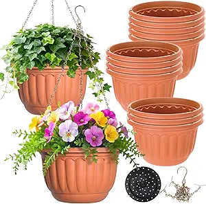 12 Sets Hanging Planters for Indoor and Outdoor Plants Self Watering Hanging Basket Flower Pots Plastic Plant Pots with Drainage Hole and Absorbing Tray(Terracotta,10 Inch)