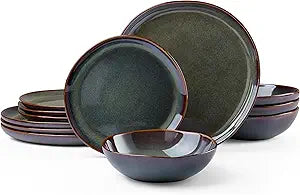 HaWare Plates and Bowls Set, Stoneware Dinnerware Sets, 12-Piece Hand-painted Dishware for 4, Ceramic Dinner Set for Home Kitchen, Scratch Resistant, Microwave and Dishwasher Safe, Reactive Moss Green