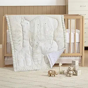The Hmistry 3-Piece Crib Bedding Set for Boys & Girls - Reversible Quilt, Fitted Sheet, Crib Skirt - Soft, Breathable & Durable Microfiber Baby Crib Bedding Set - Delicate Jungle Theme