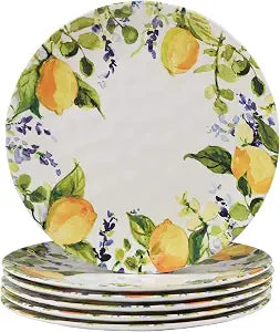Lemon Zest Melamine Dinner Plates Set of 6 Unbreakable Outdoor Plates for Patio Dining, Garden Parties, BBQs, RV Camping, Farmhouse Kitchen, and Everyday Family Meals