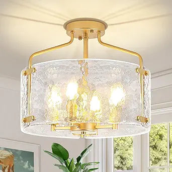 4-Light Gold Semi Flush Mount Ceiling Light, Modern Hammered Glass Drum Chandelier Entryway Light Fixtures Kitchen Close to Ceiling Lights for Bathroom Hallway Dining Room Foyer Lighting
