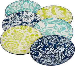 Tapestry 6" Porcelain Canape/Luncheon Plates, Set of 6 Vibrant Assorted Floral Patterns in Aqua, Navy & Lime Appetizer, Dessert, Snack Plates for Entertaining, Display, or Everyday Use