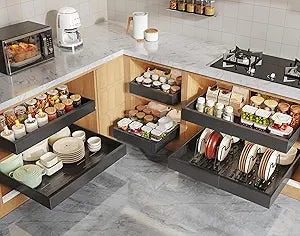 Seinloes 6 Pack Pull Out Cabinet Organizers 21" Deep With Raising Pad for Framed Cabinets, Expandable Slide Out Drawers with 4pcs Divider Racks, Roll Out Shelves, Adjustable Width 12"-20.45" Black