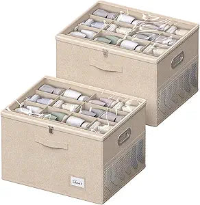 2 Pack Shoe Organizer for Closet Large Shoe Box Storage Containers with Clear Window Space Saving Shoe Bin with Foldable Bottom Support Adjustable Dividers Fits 32 Pairs (Beige, (19.7x15.7x13inch)x2)