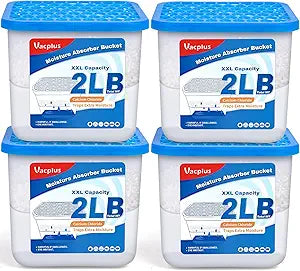 Vacplus 2LB Moisture Absorber Bucket - Large Capacity Moisture Absorber with Calcium Chloride Crystals, Effective Dehumidifier for Basement, Closet & Bathroom, 4 Packs