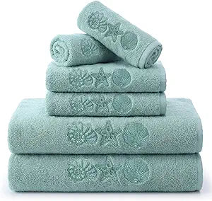 Boao 6 Pack Coastal Bathroom Towel Set Beach Ocean Cotton Embroidered Towels for Bathroom Shell Starfish Conch Bath Decoration Set Soft Absorbent for Drying Shower Supplies