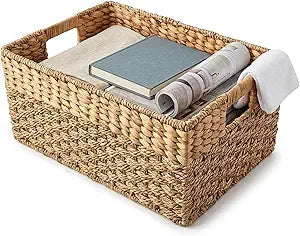 Medium Wicker Storage Baskets with Handles, Natural Seagrass and Hyacinth Woven Storage Basket for Organizing Shelves, Bedroom, Pantry, Rectangular, 15.5 x 9.5 x 6.5 Inches