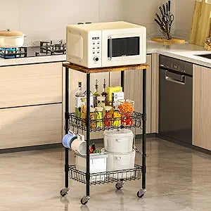 Homeiju Rolling Kitchen Storage Cart, 3-Tier Storage Rack on Caster Wheels with Adjustable 2 Baskets, Coffee Station Cart Rack Shelf Organizer for Living Room Office, Balcony, Rustic Brown/Black
