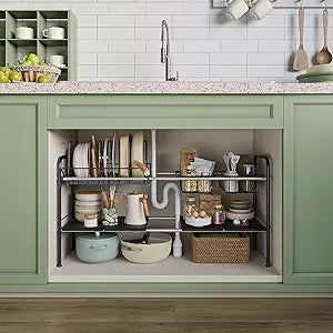 NETEL Adjustable Under Sink Organizers and Storage,Pots and Pans Organizer Under Kitchen Cabinet,Pan Lid Organizers inside Cabinet,Expandable Cabinet Storage Shelf with Pan Rack and 7 Dividers
