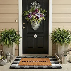 2-Piece Layered Front Doormat Set, Welcome Natural Coco Coir Door Mat + 28"x43" Black and White Buffalo Plaid Rug, Non-Slip Backing Outdoor Entryway Decor for Front Porch, Patio, Home