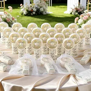50 Set Greenery Mini Fans Bulk for Wedding Guests Summer Handheld Electric Fans Portable with Thank You Cards Organza Bags Personalized Wedding Party Favors Gift Souvenir for Guest Battery Not Include