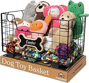Metal Dog Toy Basket for Dogs and Cats (15 x 10 x 9) - Heavy-Duty Storage Bin Holds Pet Chew Toys, Bones, Ropes, Blankets, Towels, Treats - Large Dog Toy Box for Living Room Area Organization