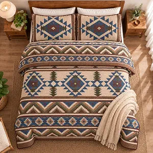 Western Southwestern Native American Tribal Navajo Design Multicolor Beige Taupe Brown Blue Green Oversize Twin Bedspread Quilt Set Austin Taupe (Twin)