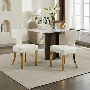 Mid Century Modern Dining Chairs Set of 2, Farmhouse Chenille Upholstered Dinner Chairs with Curved Backrest and Copper Nails, Armless Side Chair with Steel Legs for Kitchen Dining Room, Beige+Golden