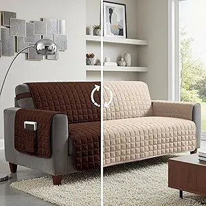 Mocassi Reversible Quilted Water Resistant Furniture Protector Slipcover with Elastic Straps and Storage Pockets - Washable Pet Friendly Sofa Cover for Dogs, Cats - Oversize Sofa, Brown/Cream