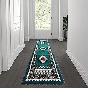 Flash Furniture Ventana Collection Southwestern Accent Rug - Low Pile Hunter Green Olefin Rug - 2x7 Area Rug - Jute Backing - Hallway, Entryway, Bedroom, Living Room